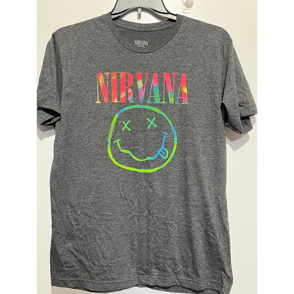 Nirvana Mens XL Rainbow Smiley Face Graphic T-Shirt Charcoal Heather Band Tee